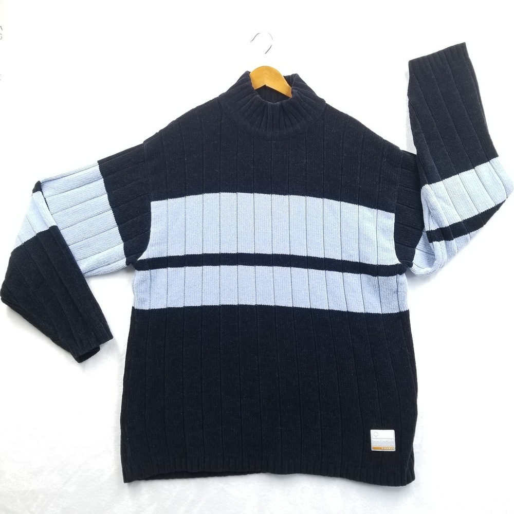 Vtg South Pole Sweater Men Size L Black Blue Striped Ribbed Chenille Long Sleeve